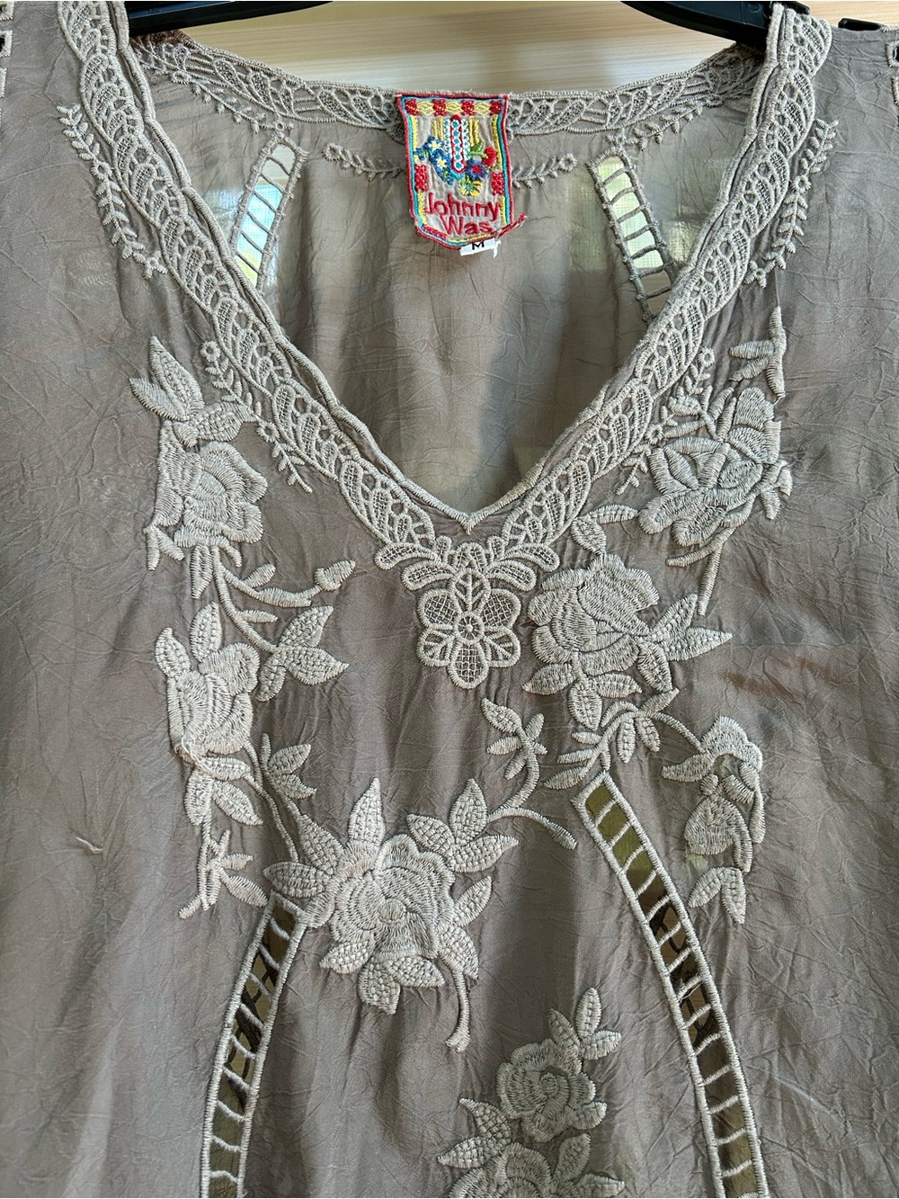 Johnny Was Taupe Embroidered Asymmetrical Tunic - Picture 4 of 16
